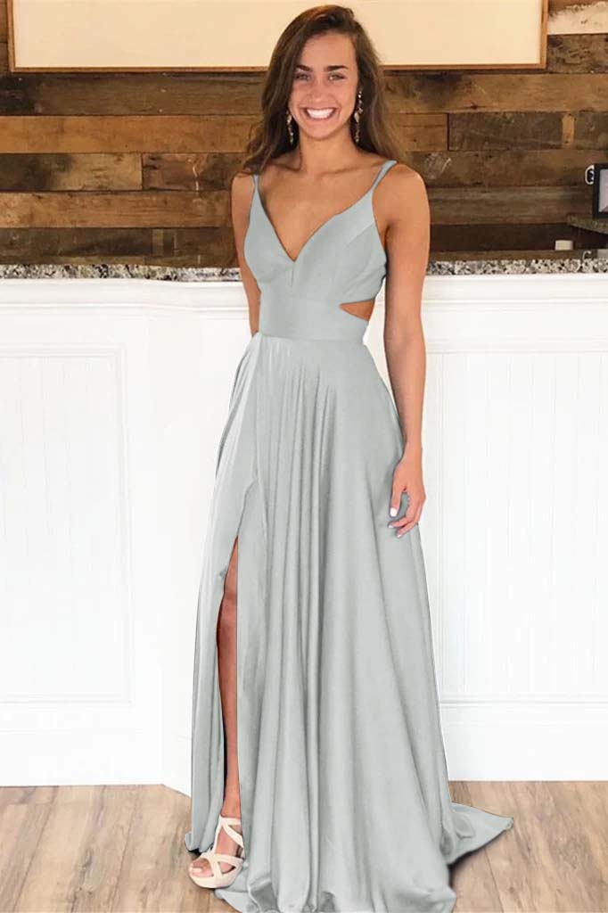 Spaghetti-Strap Long Split Evening Dress | Ballbella