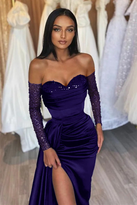 Sweetheart Long-Sleeve Black Beaded Evening Dress with Off-the-Shoulder Mermaid Style | Ballbella