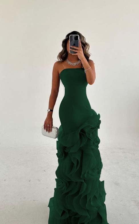 Amazing Dusty Blue Satin Strapless Prom Dress with Ruffles | Ballbella