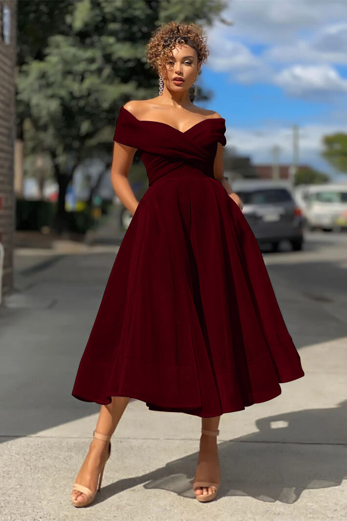 Off-the-Shoulder Short Burgundy Evening Dress with A-Line | Ballbella