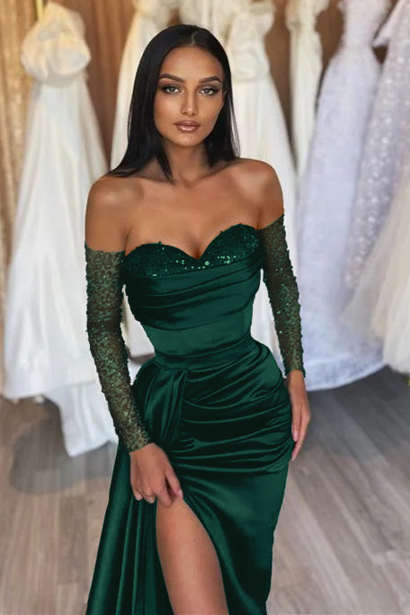 Sweetheart Long-Sleeve Black Beaded Evening Dress with Off-the-Shoulder Mermaid Style | Ballbella