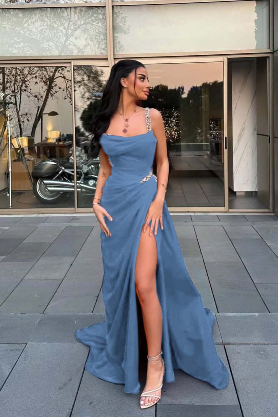 Stunning Red Satin Spaghetti Strap Sleeveless Long Prom Dress with Beadings | Ballbella