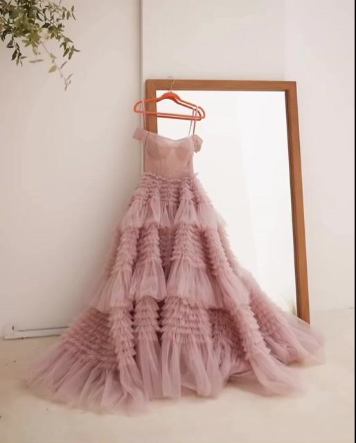 Amazing Blushing Pink Tulle Off-the-Shoulder Strapless Puffy Prom Dress with Ruffles | Ballbella