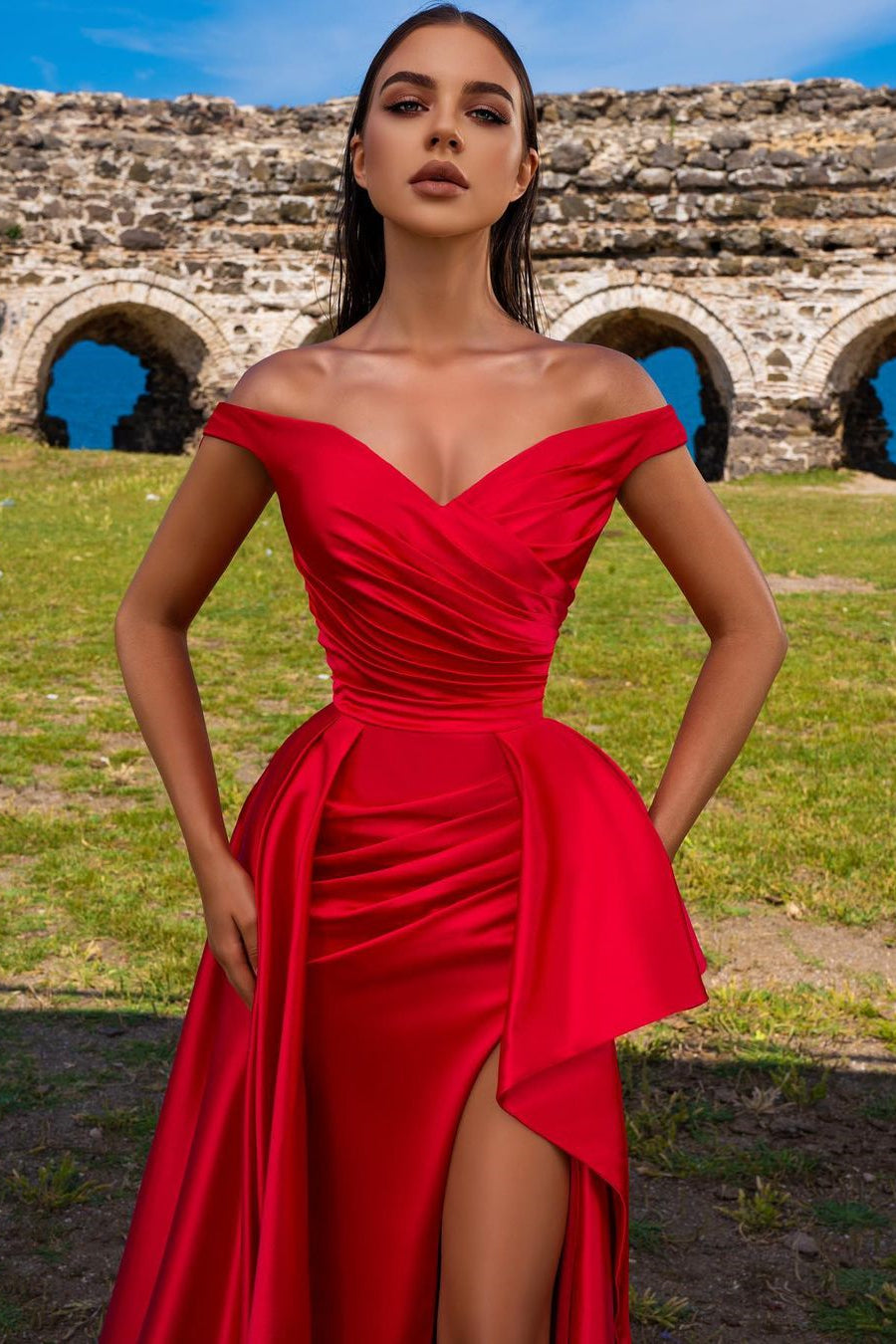 Off-the-Shoulder Red Mermaid Prom Dress with Split | Ballbella