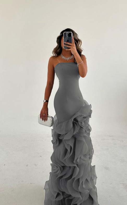 Amazing Dusty Blue Satin Strapless Prom Dress with Ruffles | Ballbella