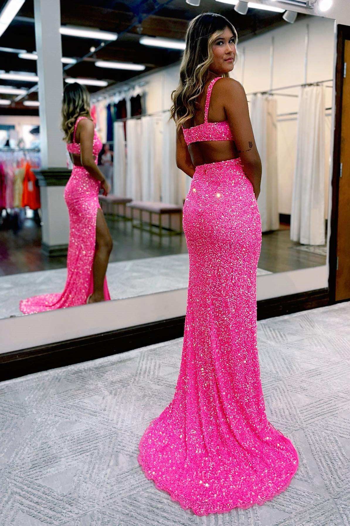 Stylish Hot Pink Strap Mermaid Prom Dress with Sequins and Split | Ballbella