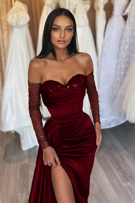 Sweetheart Long-Sleeve Black Beaded Evening Dress with Off-the-Shoulder Mermaid Style | Ballbella
