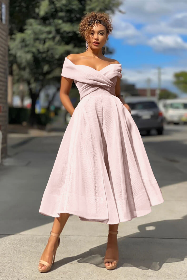 Off-the-Shoulder Short Burgundy Evening Dress with A-Line | Ballbella