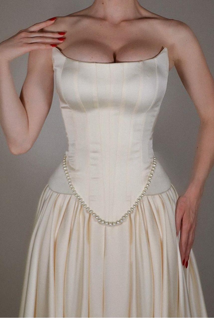 Exquisite Satin Ivory Strapless Prom Dress with Beadings & Pleats | Ballbella