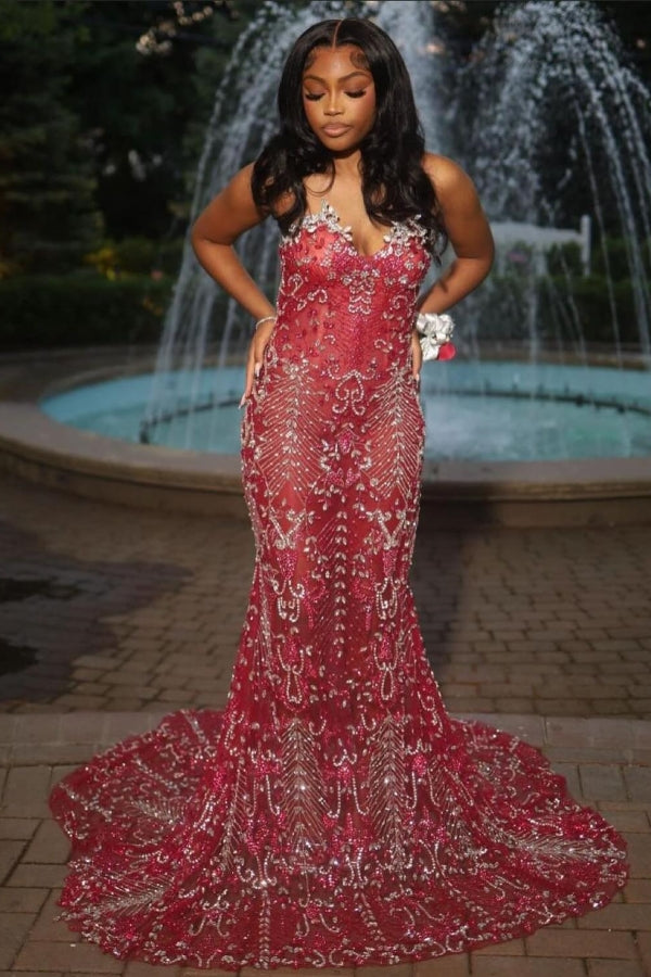 Sexy Hot Red Tulle Crystal Mermaid Sweetheart Prom Dress