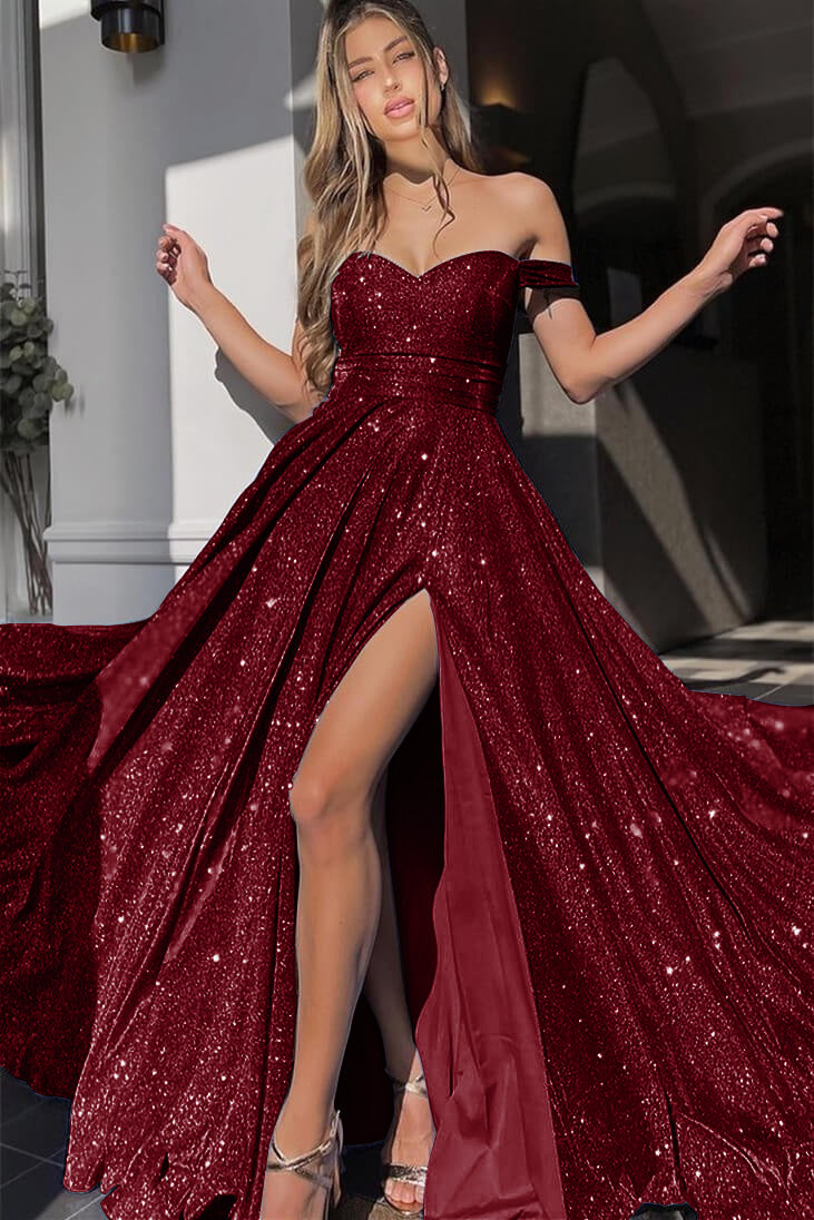 Off-the-Shoulder V-Neck Mermaid Front Split Evening Dress with Sequins | Ballbella