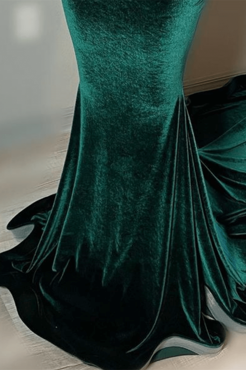 Green Velvet Mermaid Beadings Sheer Tulle Sexy Prom Dress