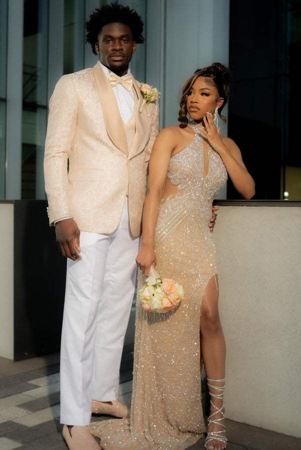 Bling Champagne Sequins High Neck Mermaid Prom Dress with Keyhole