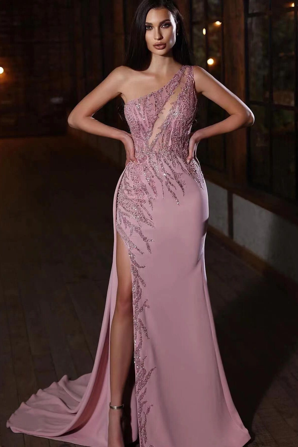 One-Shoulder Applique Elegant Prom Dress Mermaid with Split | Ballbella