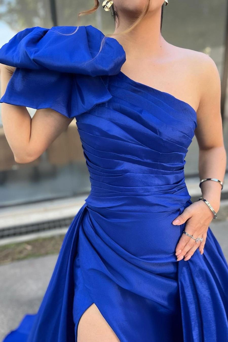 Chic Royal Blue Satin One-Shoulder Sleeveless Prom Dress with Pleats & Split | Ballbella