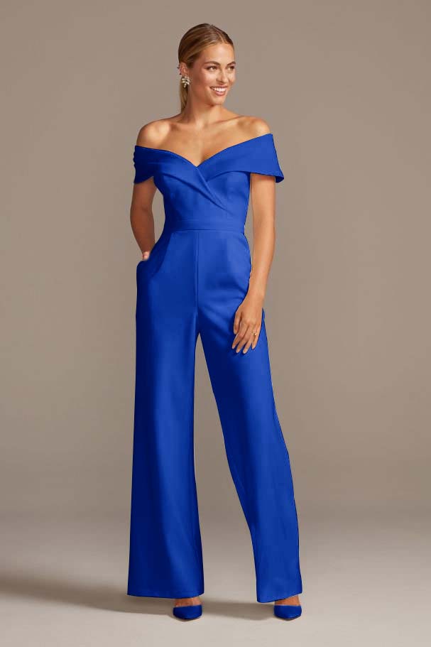 White Cuffed Off-the-Shoulder Stretch Crepe Jumpsuit | Ballbella