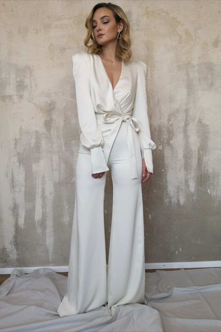 White Women's V-Neck Jacket Top Jumpsuit | Ballbella