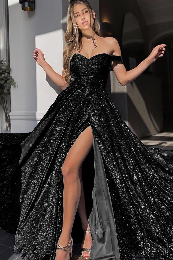 Off-the-Shoulder V-Neck Mermaid Front Split Evening Dress with Sequins | Ballbella