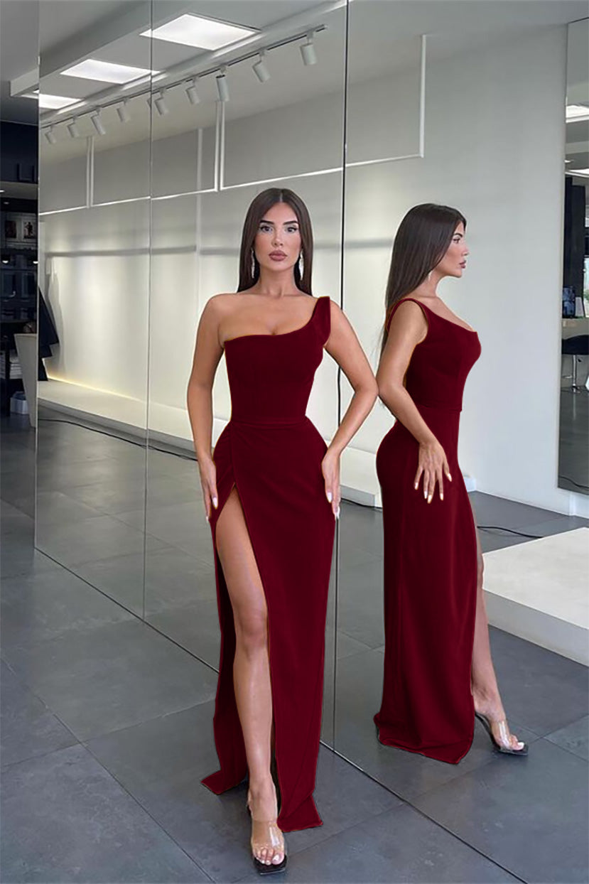 Glamorous One-Shoulder Sleeveless Long Mermaid Evening Dress with Slit | Ballbella