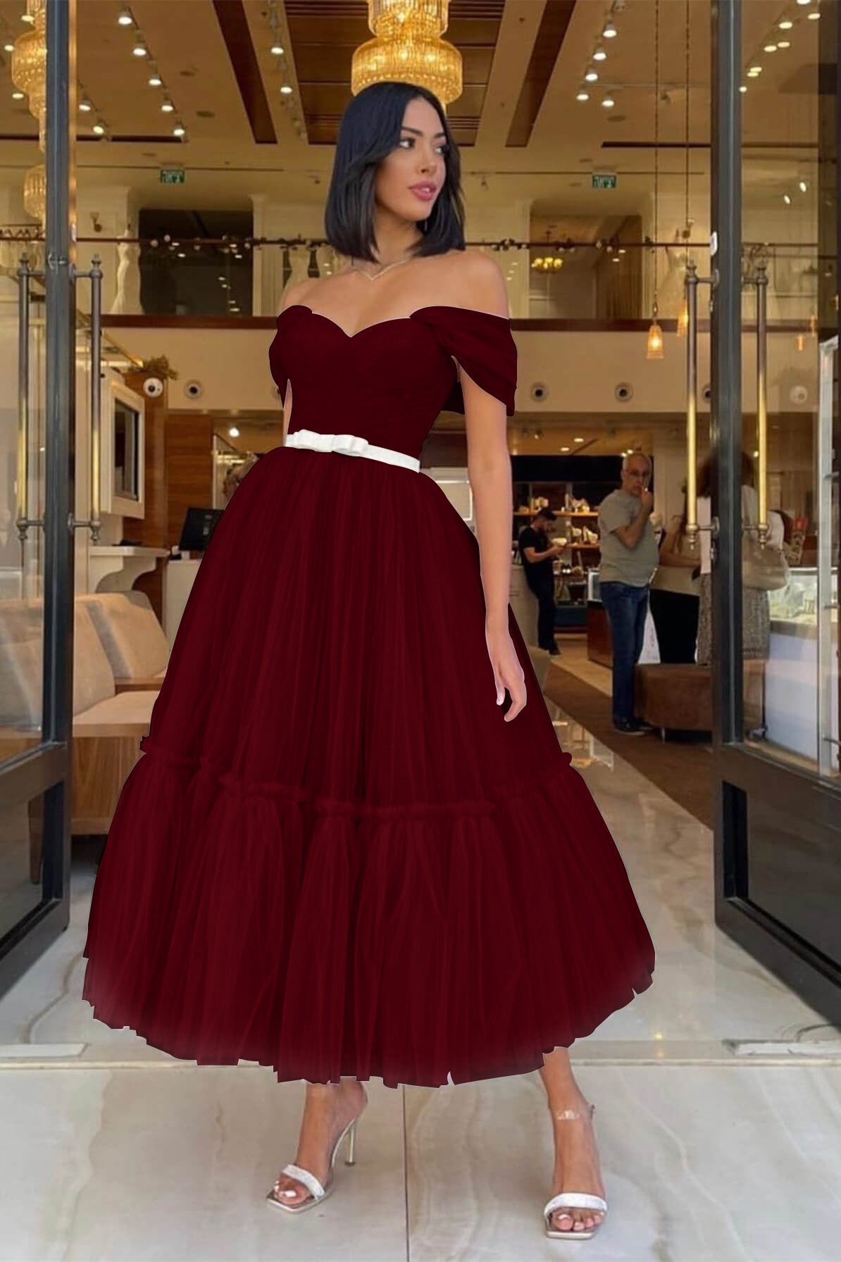 Sweetheart Light Pink Off-the-Shoulder Tulle Prom Dress with Belt | Ballbella