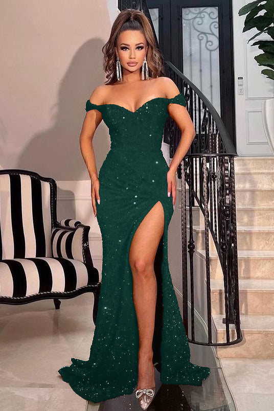 Off-the-Shoulder Red Sweetheart Sequins Mermaid Prom Dress with Split | Ballbella
