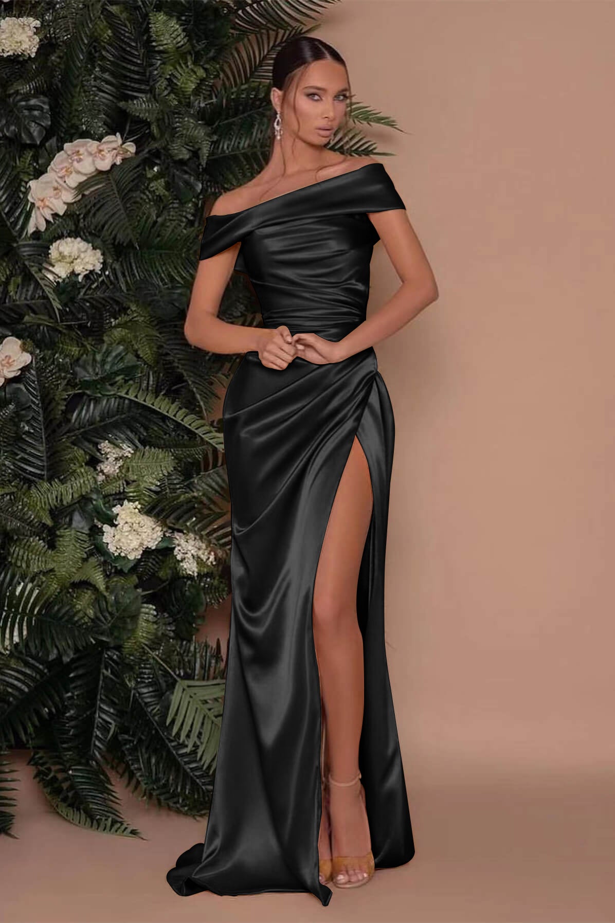 Off-the-Shoulder Champagne Charmeuse Prom Dress with Split Mermaid | Ballbella