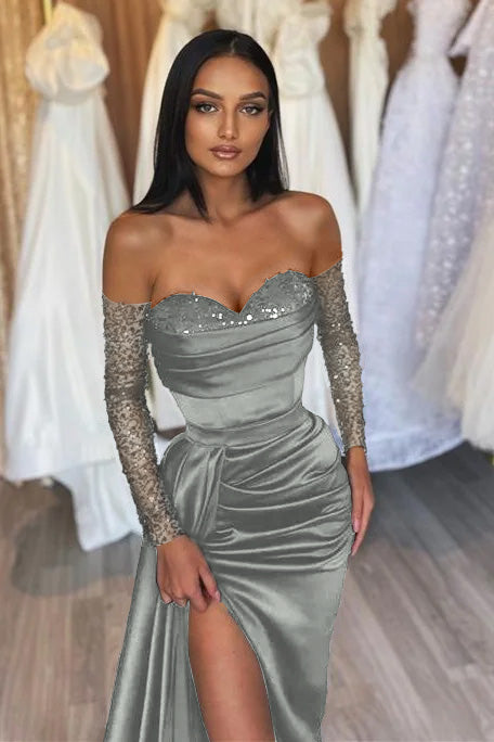 Sweetheart Long-Sleeve Black Beaded Evening Dress with Off-the-Shoulder Mermaid Style | Ballbella
