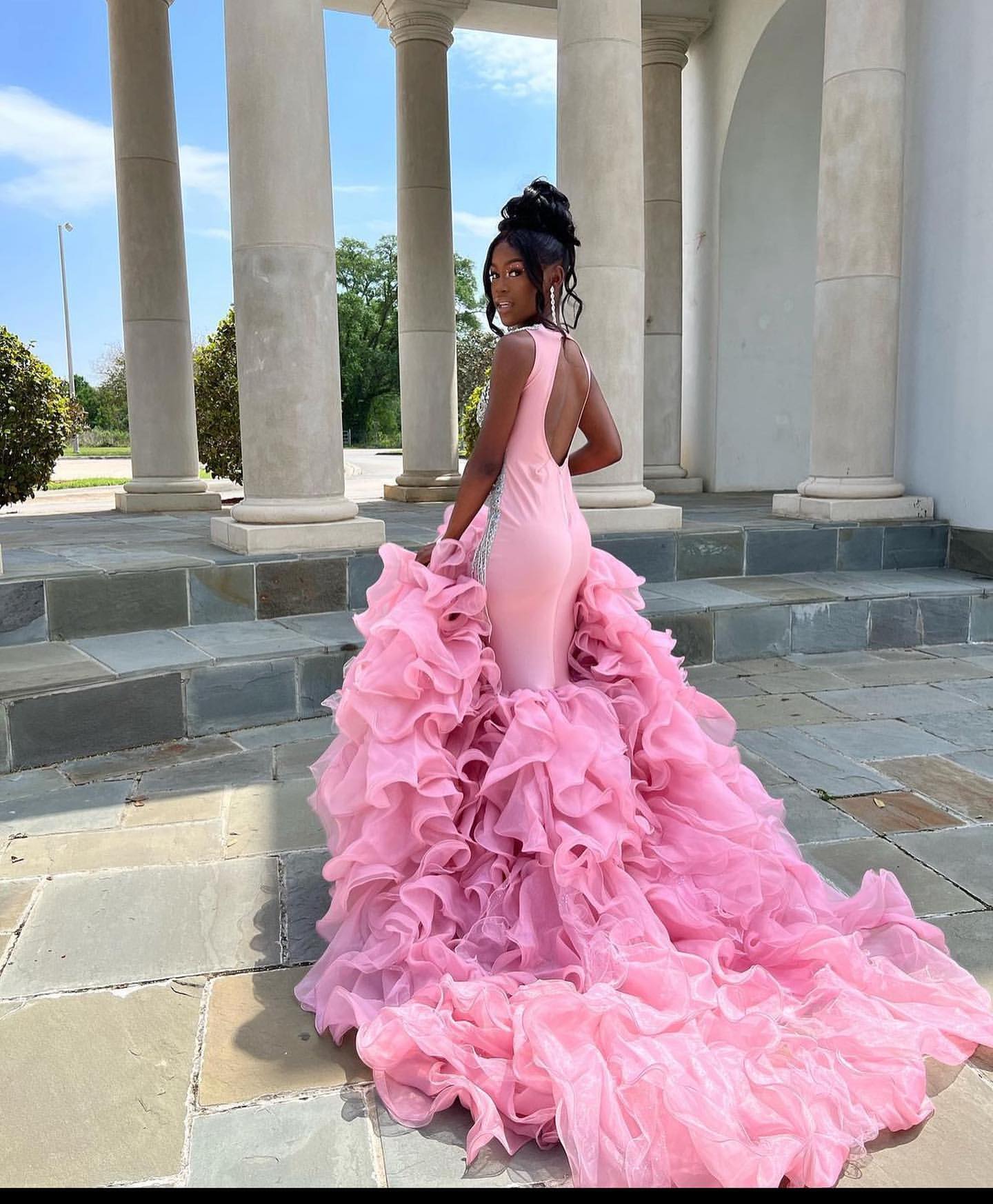Stylish Pink Silver Appliques Beaded Evening Dress with Layers | Ballbella