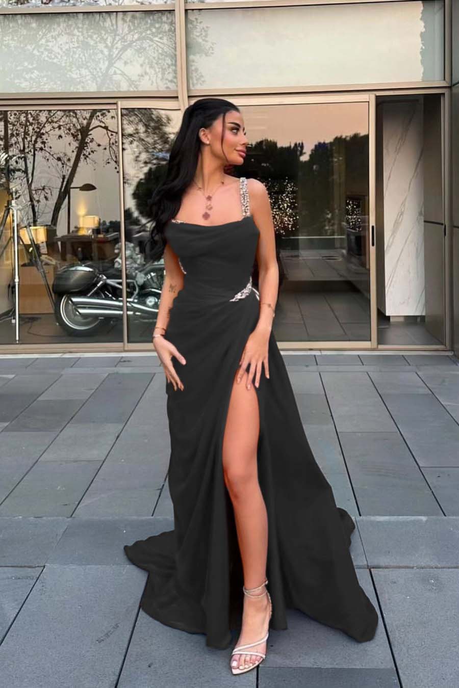 Stunning Red Satin Spaghetti Strap Sleeveless Long Prom Dress with Beadings | Ballbella