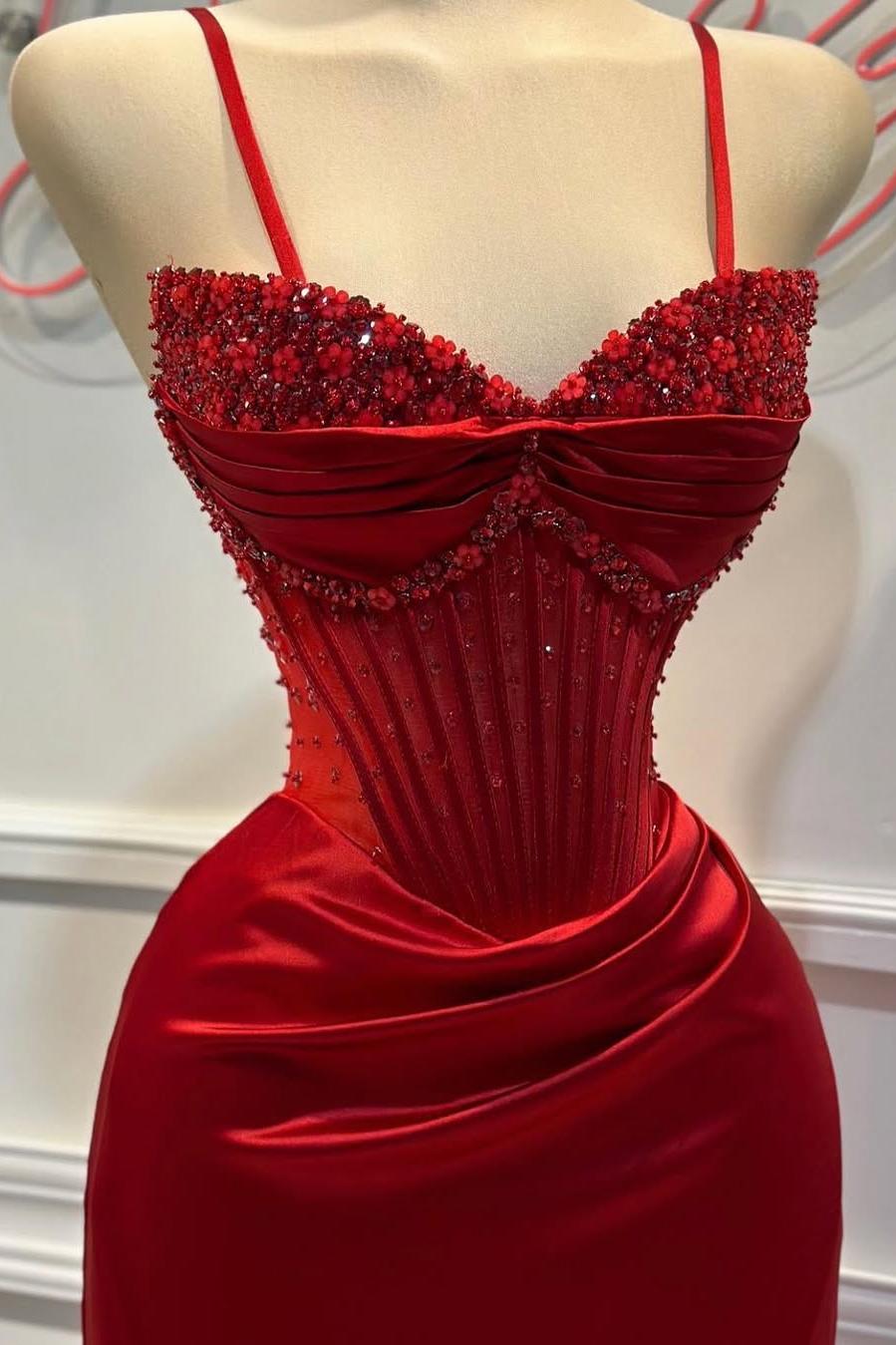 Shining Red Satin Spaghetti Strap Sweetheart Split Prom Dress with Beadings | Ballbella