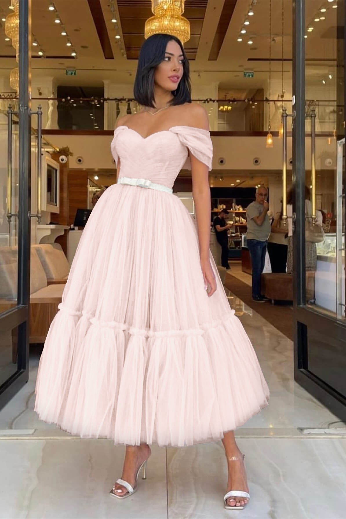 Sweetheart Light Pink Off-the-Shoulder Tulle Prom Dress with Belt | Ballbella