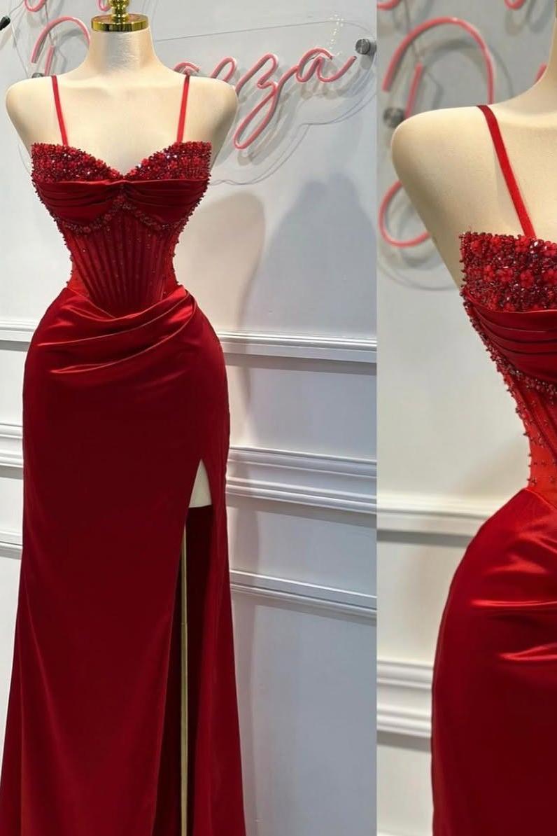 Shining Red Satin Spaghetti Strap Sweetheart Split Prom Dress with Beadings | Ballbella