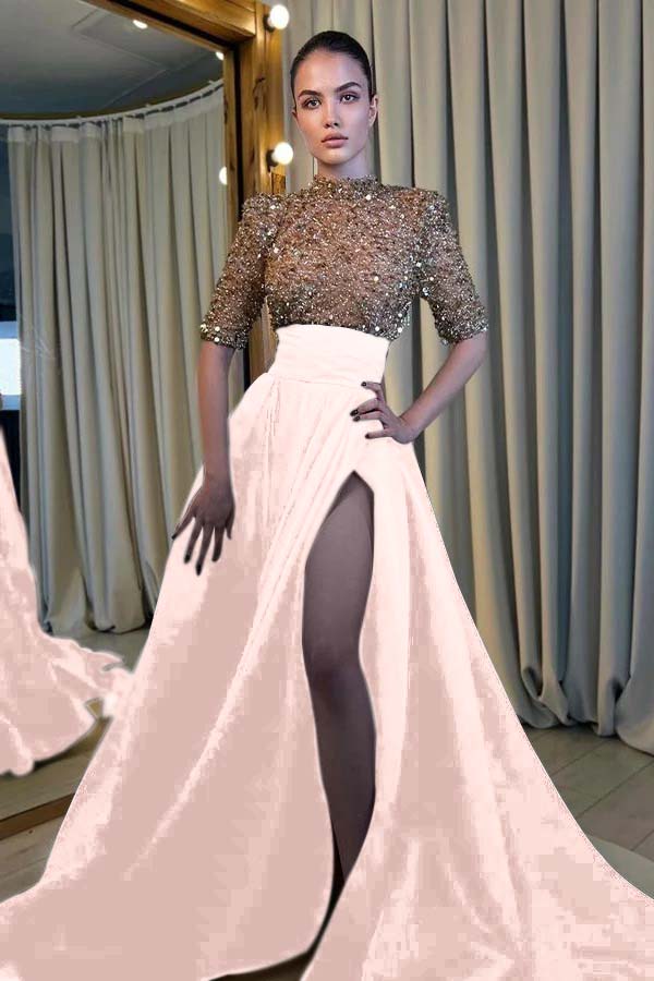 Elegant High Neck Long Slit Evening Dress with Rhinestones & Medium Sleeves | Ballbella