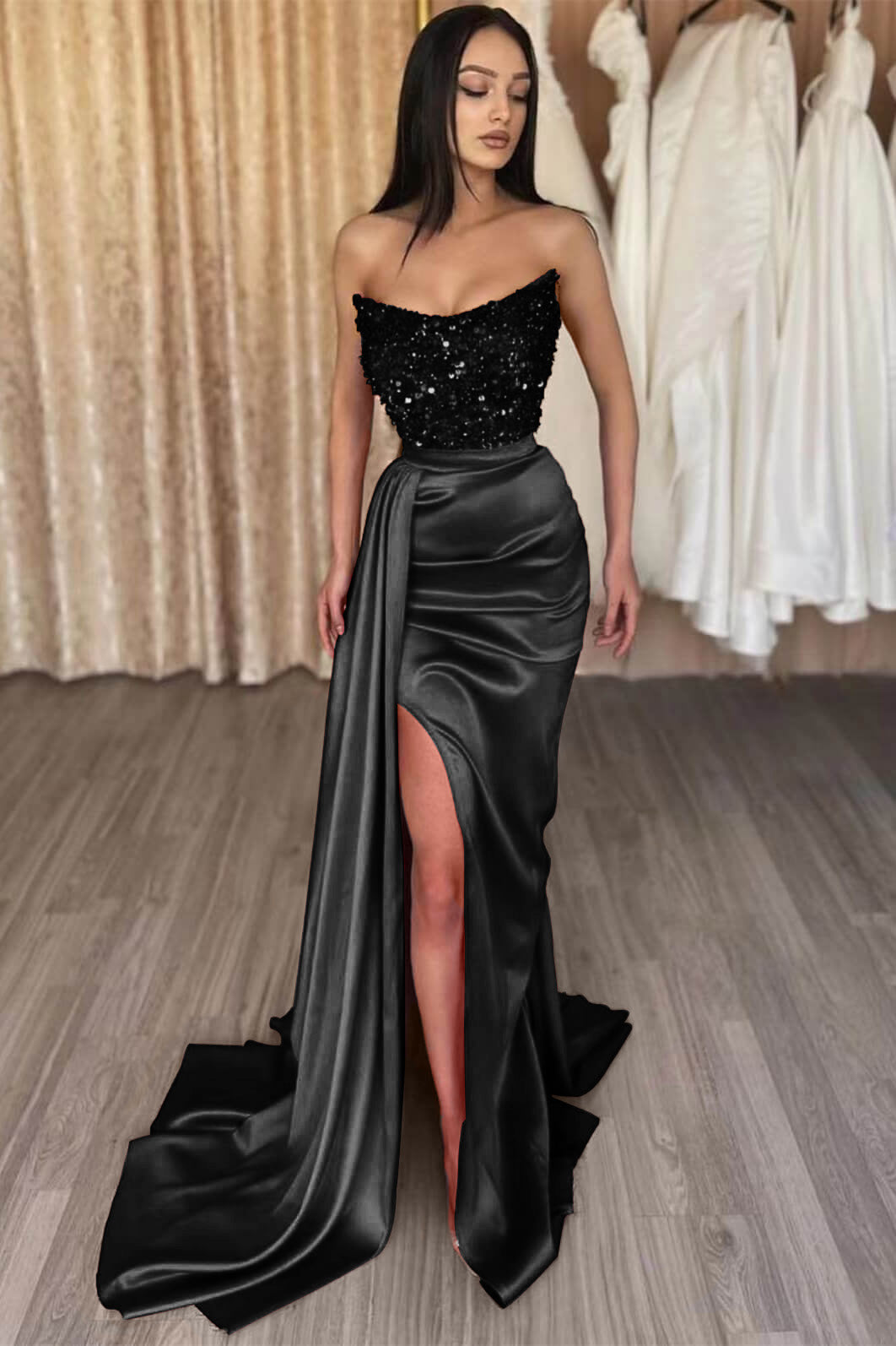 Red Strapless Elegant Sequins Long Prom Dress Mermaid with Split | Ballbella