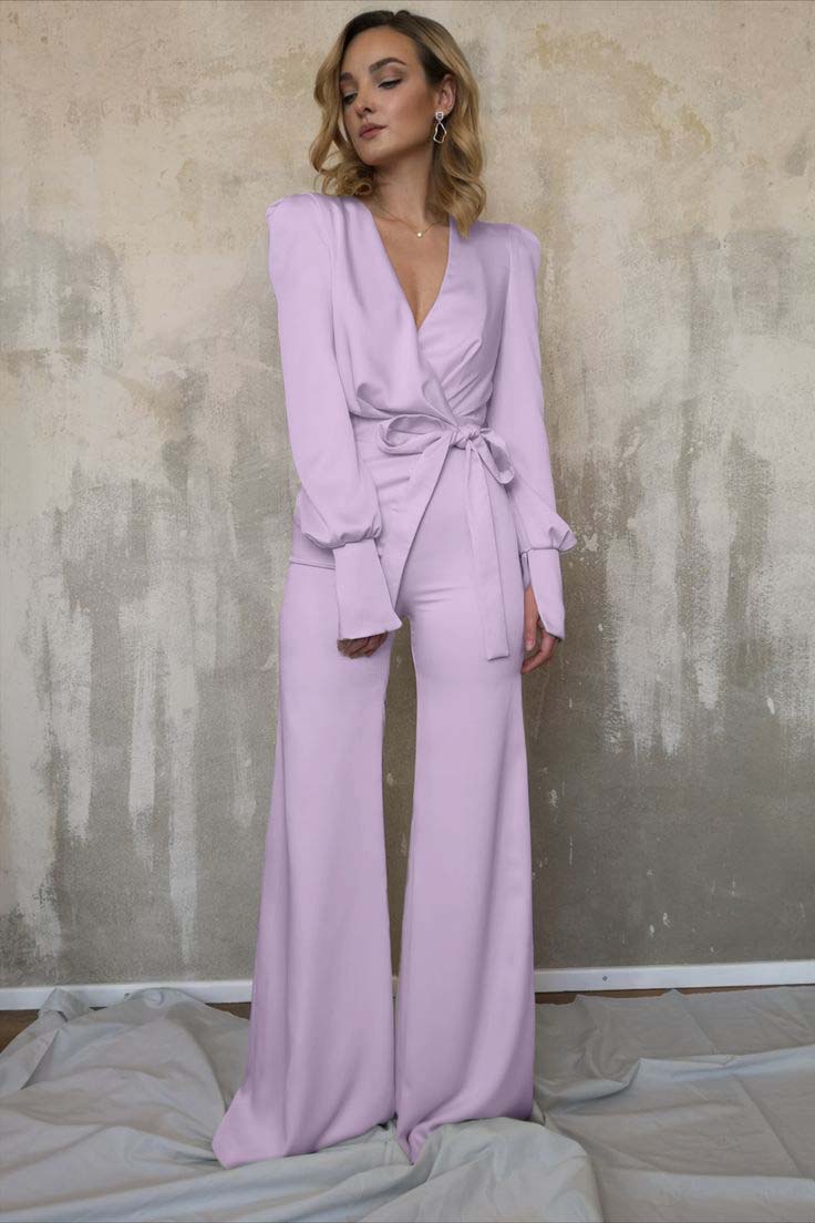 White Women's V-Neck Jacket Top Jumpsuit | Ballbella