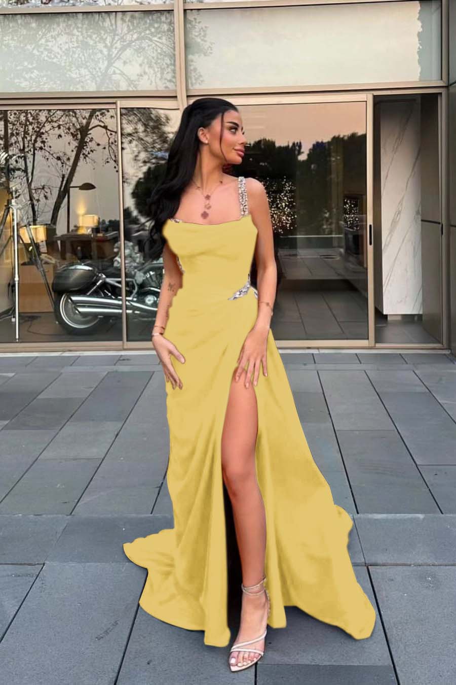 Stunning Red Satin Spaghetti Strap Sleeveless Long Prom Dress with Beadings | Ballbella