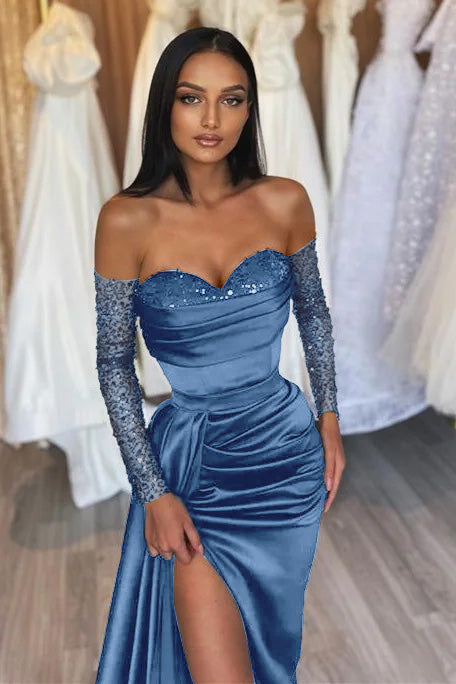 Sweetheart Long-Sleeve Black Beaded Evening Dress with Off-the-Shoulder Mermaid Style | Ballbella