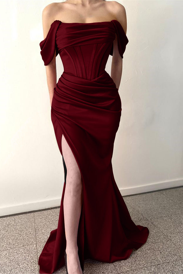 Off-the-Shoulder Pleated Dusty Rose Mermaid Prom Dress with Split | Ballbella