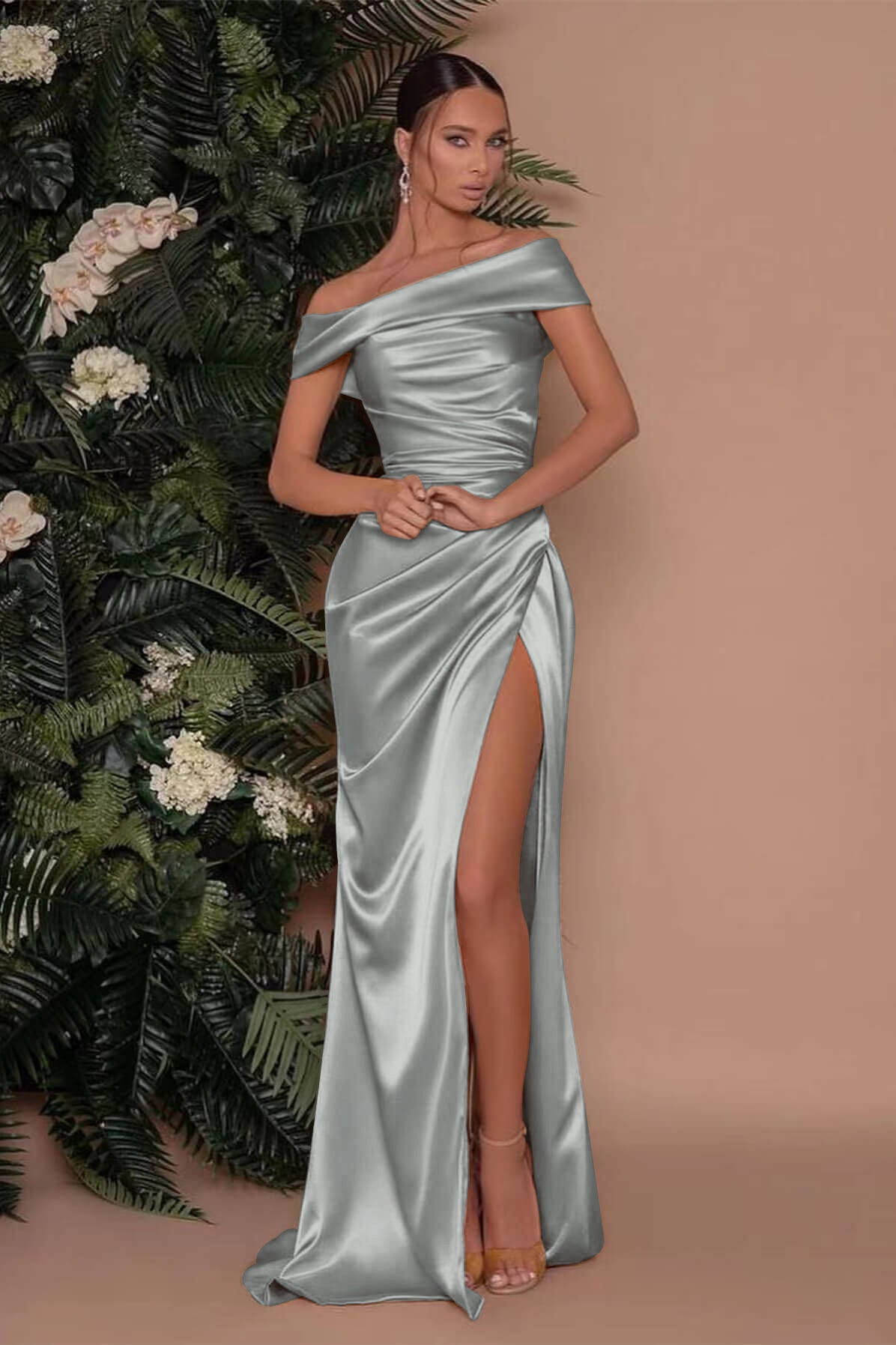 Off-the-Shoulder Champagne Charmeuse Prom Dress with Split Mermaid | Ballbella