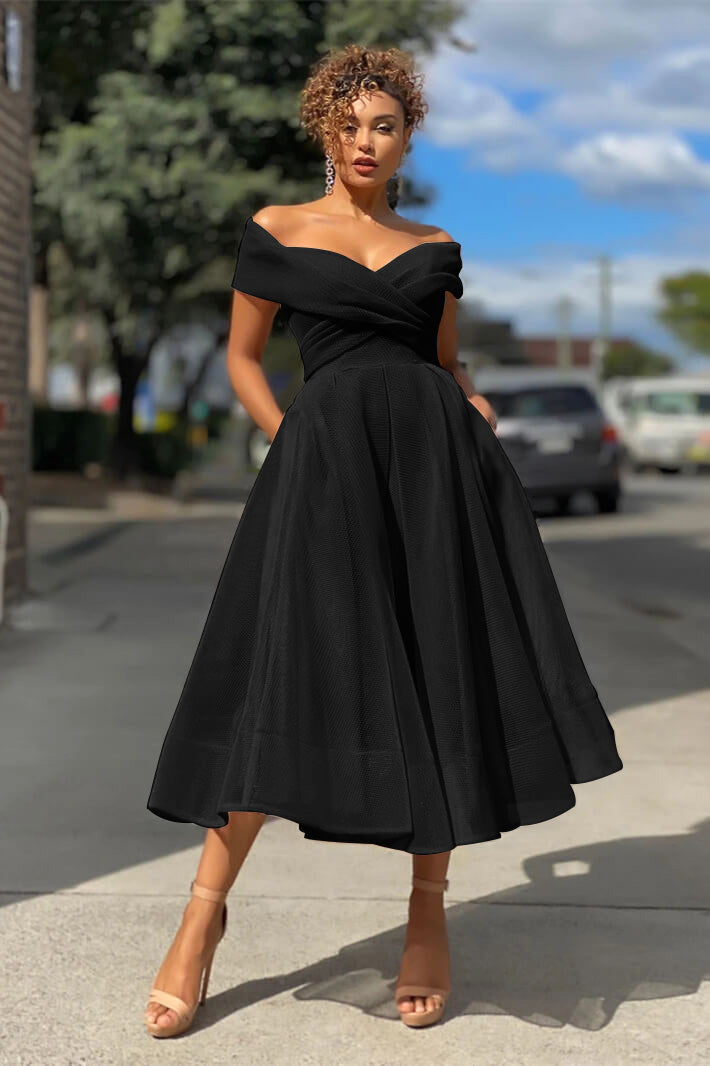 Off-the-Shoulder Short Burgundy Evening Dress with A-Line | Ballbella