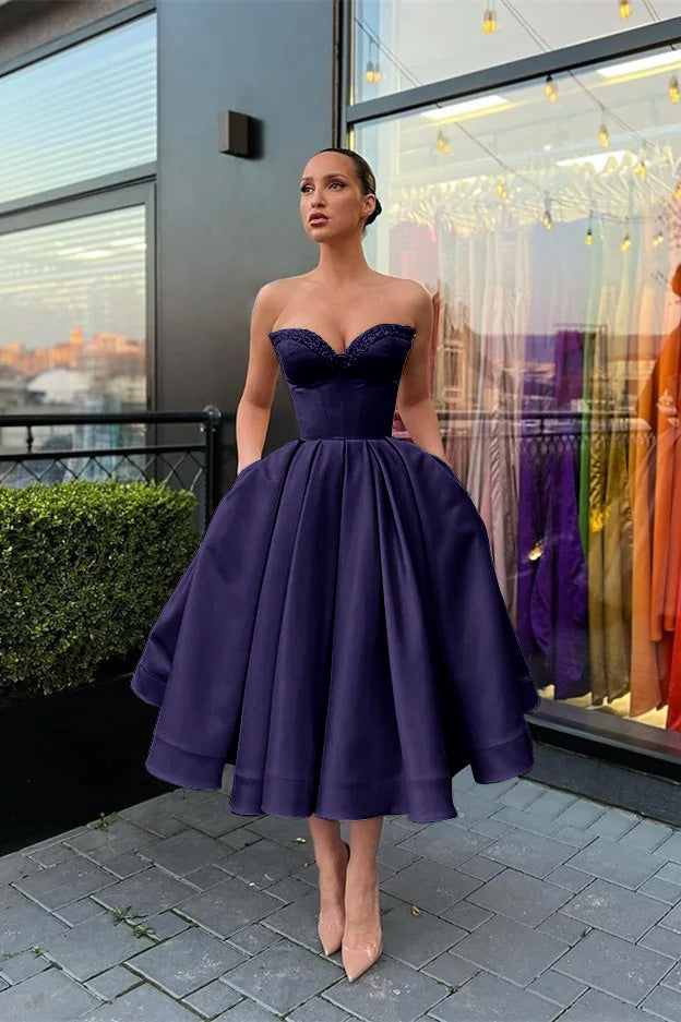 Sweetheart Sleeveless Beaded Short Evening Dress with Pockets | Ballbella