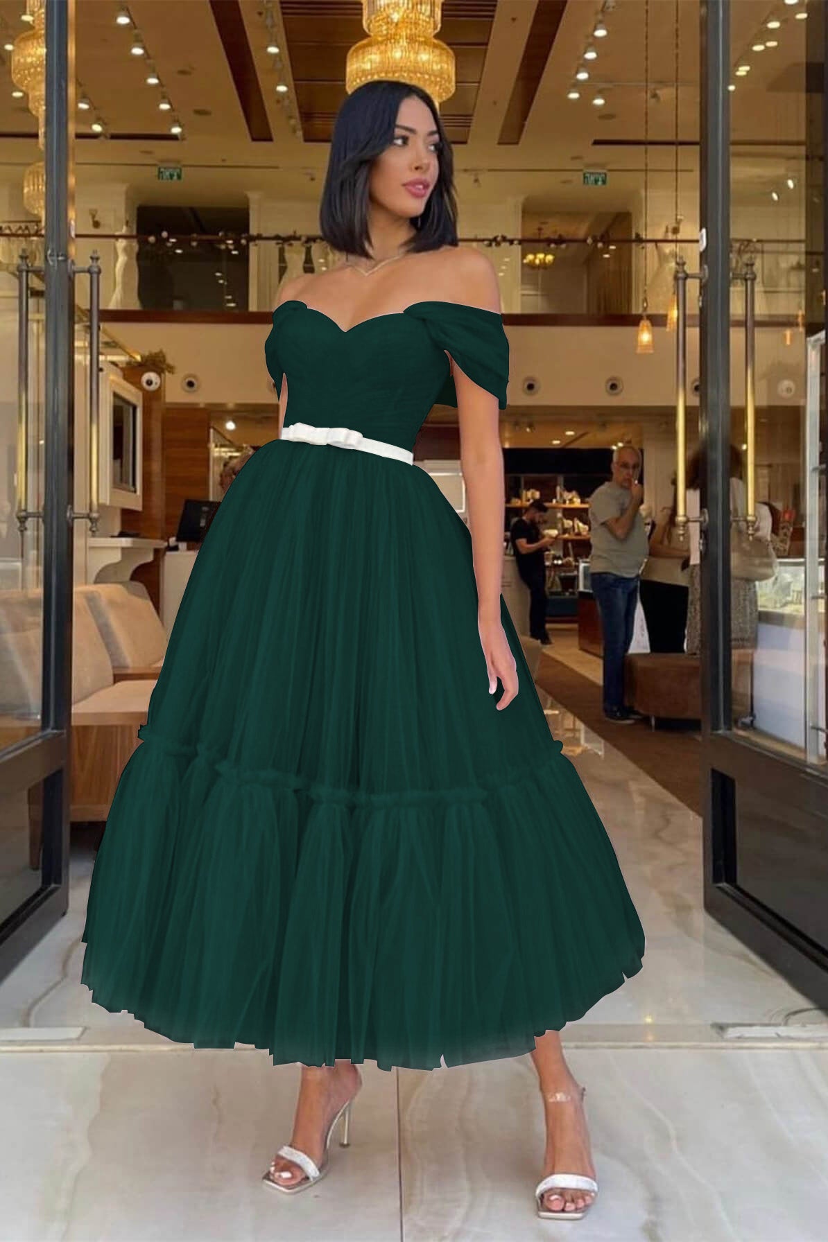 Sweetheart Light Pink Off-the-Shoulder Tulle Prom Dress with Belt | Ballbella