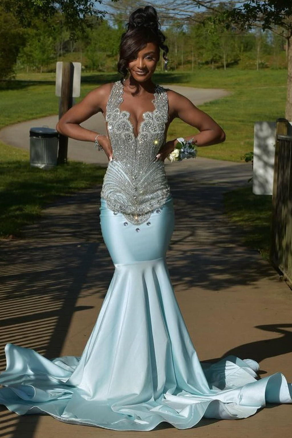 Glamorous Sky Blue Crystal Mermaid Sleeveless V-Neck Prom Dress
