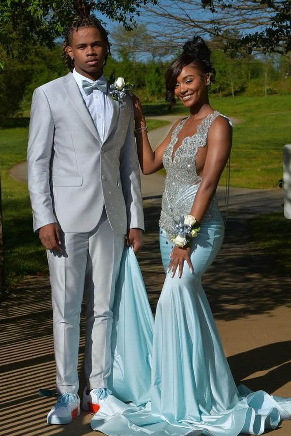 Glamorous Sky Blue Crystal Mermaid Sleeveless V-Neck Prom Dress