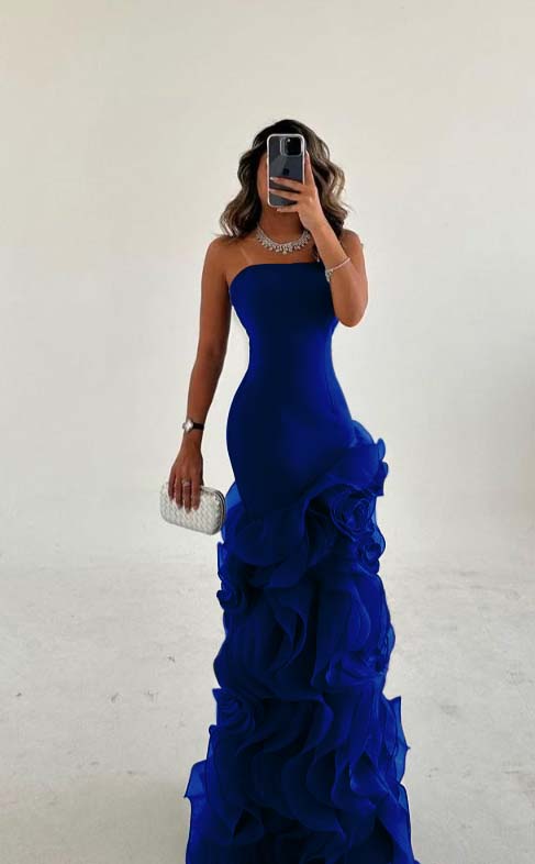 Amazing Dusty Blue Satin Strapless Prom Dress with Ruffles | Ballbella