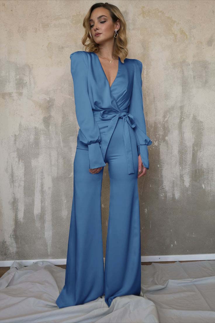 White Women's V-Neck Jacket Top Jumpsuit | Ballbella