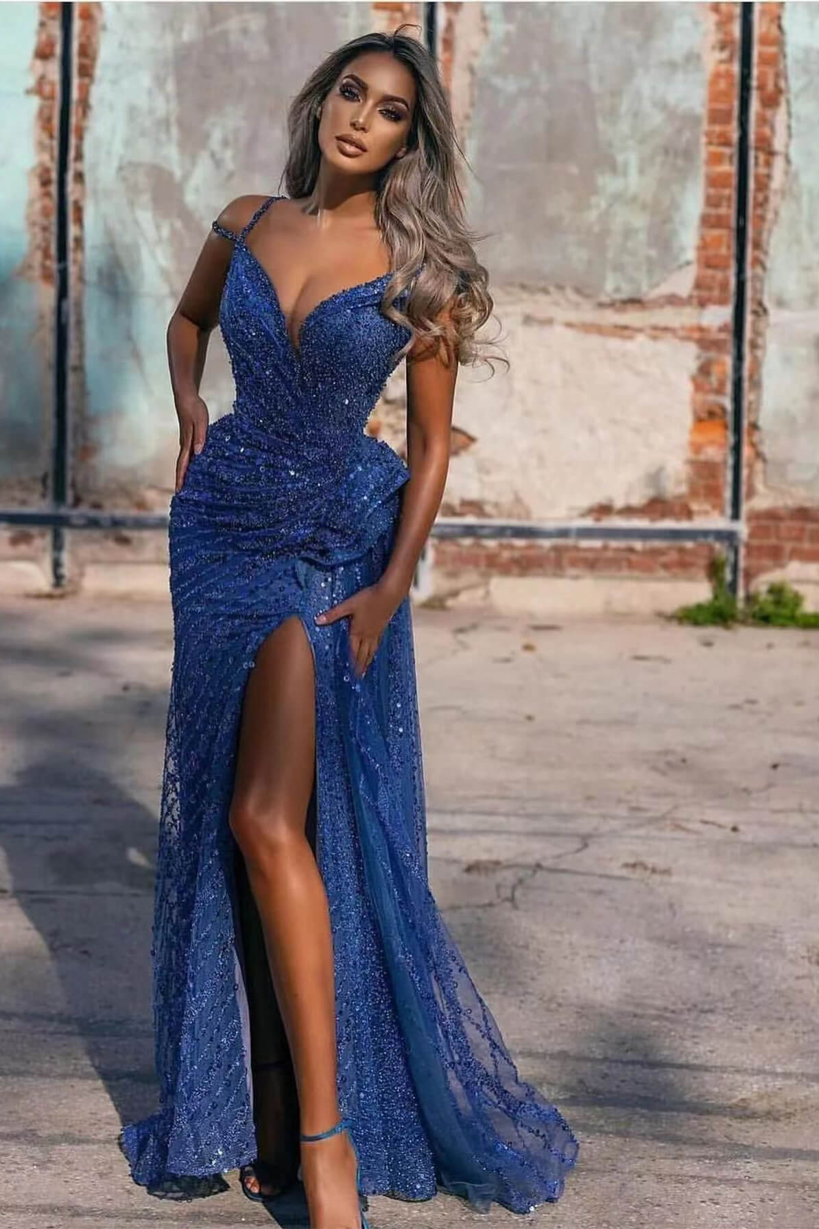 Sequins Royal Blue Off-the-Shoulder Evening Dress with Split Mermaid | Ballbella