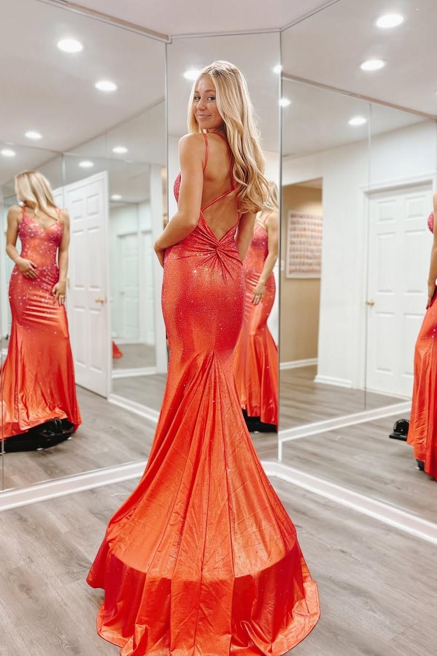 Shining Orange Spaghetti Strap Sleeveless V-Neck Mermaid Prom Dress with Beadings | Ballbella