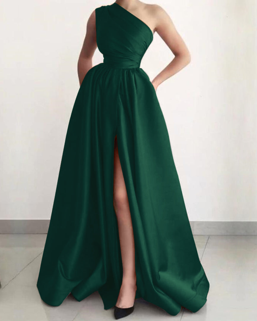 Burnt Orange A-Line Split Elegant Prom Dress with One Shoulder and Pockets | Ballbella