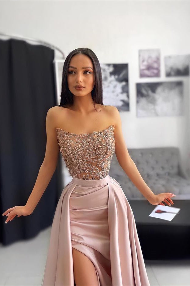 Simple Dark Pink Strapless Lace Appliques Slit Mermaid Prom Dress with Ruffles | Ballbella